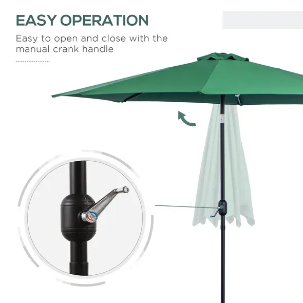 Outsunny 3(m) Tilting Parasol Garden Umbrellas, Outdoor Sun Shade with 8 Ribs, Tilt and Crank Handle for Balcony, Bench, Garden, Green - 5