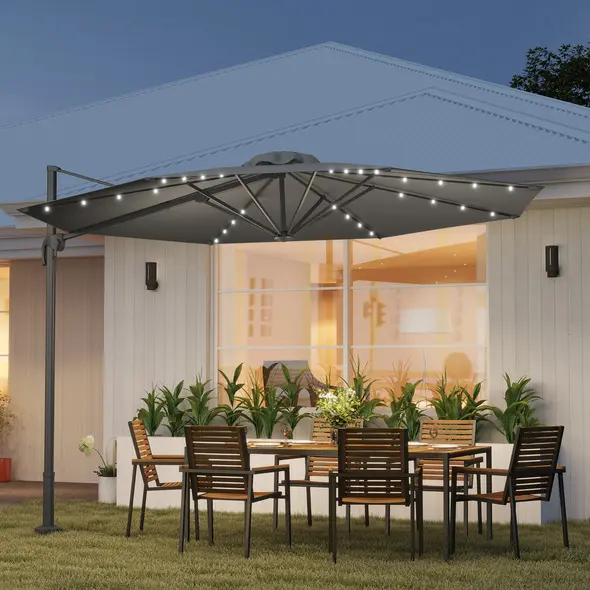 Outsunny 3(m) Cantilever Roma Parasol Patio Sun Umbrella with Crank & Tilt LED Solar Light Cross Base 360° Rotating Outdoor, Dark Grey - 2