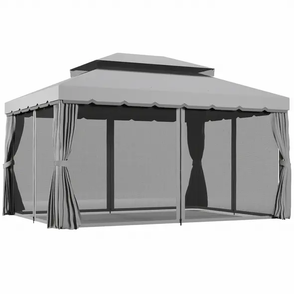 Outsunny 3 x 4m Aluminium Garden Gazebo, Marquee Canopy Shelter Pavilion Party Tent with Nets and Curtains for Garden and Deck, Light Grey - 1