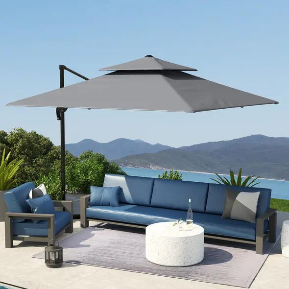 Outsunny 3 x 3(m) Cantilever Parasol with Aluminium Frame, Crank and Tilt, 360-Degree Rotation, Double Top Garden Umbrella with Cover (Only Cross Base), Light Grey - 8