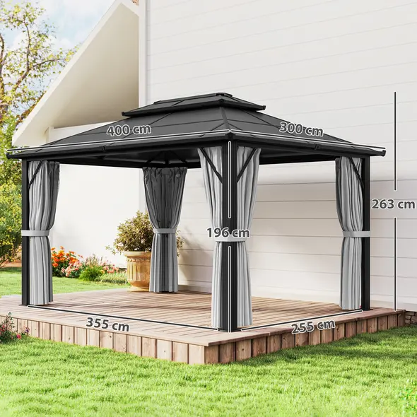 Outsunny 3 x 4m Hardtop Gazebo Canopy with UPF30+ Double Polycarbonate Roof, Aluminium Frame Garden Gazebo Permanent Pavilion with Mosquito Netting and Curtains for Patio, Deck, Grey - 3