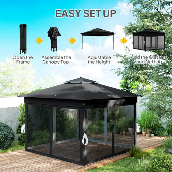 Outsunny 3.36 x 3.36m Pop Up Gazebo Party Tent with Solar-Powered LED Lights, Adjustable Event Shelter with Netting, Black - 6