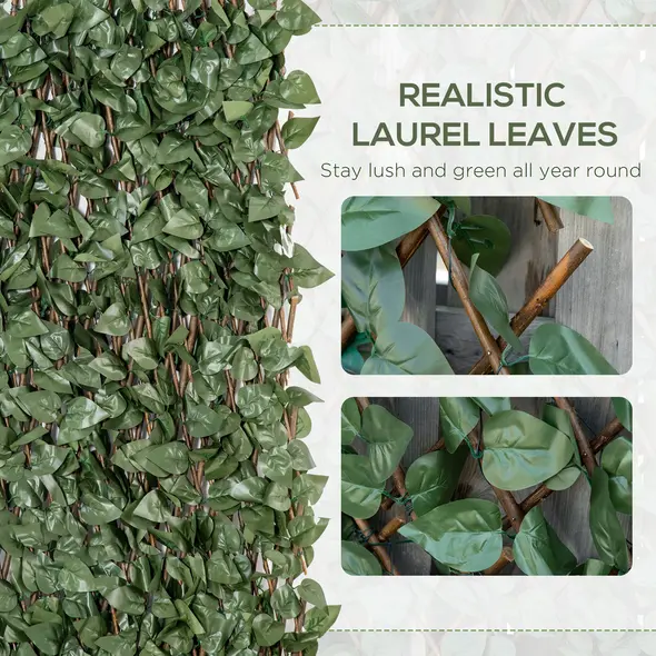 Outsunny 4 Pieces Expanding Trellis Fence, 2m x 1m Decorative Trellis with Artificial Leaves Garden Telescopic Hedge Privacy Screen Greenery Walls for Garden Balcony Home Decor - 4
