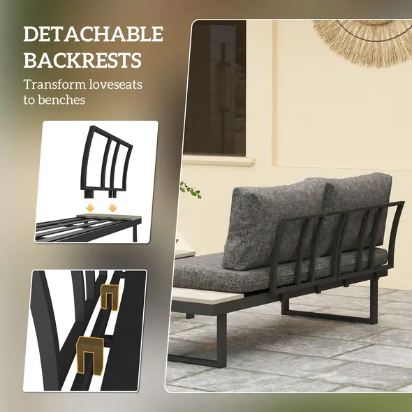 Outsunny 4 Seater L Shaped Aluminium Sectional Garden Furniture Set with 2 Loveseats and Wood-Plastic Coffee Table - Dark Grey - 5