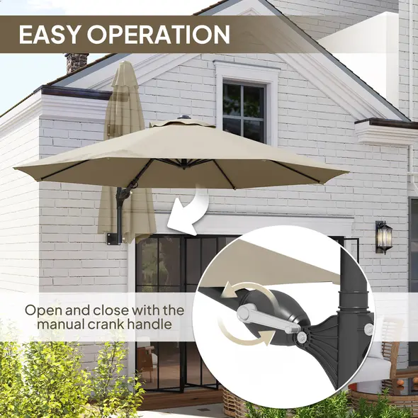 Outsunny 3(m) Wall-Mounted Parasol Shade, with Handle - Khaki - 5