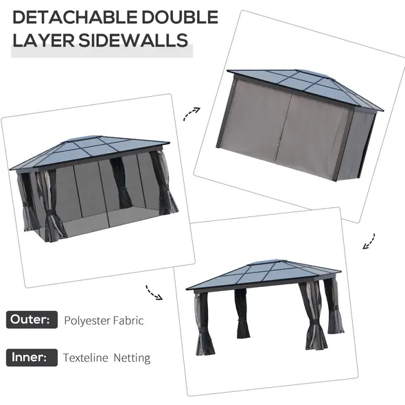 Outsunny 3.6 x 4m Hardtop Gazebo Canopy with Polycarbonate Roof, Aluminium Frame, Permanent Pavilion Garden Gazebo with Netting and Curtains for Patio, Deck, Dark Grey - 5