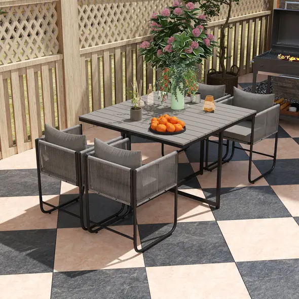 Outsunny 4 Seater Rattan Cube Garden Furniture Set, Rattan Dining Set with Cushions, Outdoor Dining Table and Chairs with Rectangular Wood Grain Plastic Top Table for Patio, Balcony, Grey - 8