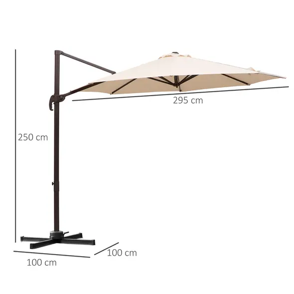 Outsunny 3M Banana Parasol Hanging Cantilever Umbrella W/ Cross Base Hand Crank Aluminium Frame 360°Rotation Hand Crank-Beige - 3