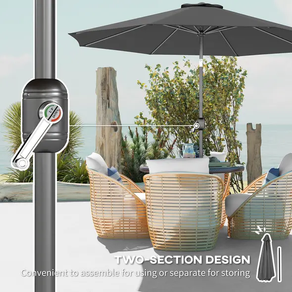Outsunny 3(m) Tilting Parasol Garden Umbrellas, Outdoor Sun Shade with 8 Ribs, Tilt and Crank Handle for Balcony, Bench, Garden, Dark Grey - 6