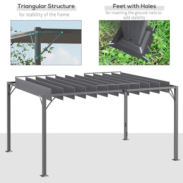 Outsunny 4 x 3(m) Outdoor Pergola with Retractable Roof, Aluminium Louvered Patio Gazebo Canopy for Lawn Garden Patio, Grey - 6
