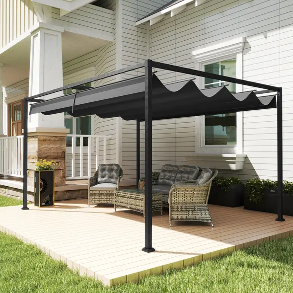 Outsunny 4 x 3m Metal Pergola, with Retractable Canopy Roof - Black - 2