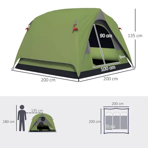 Outsunny 3-4 Person Camping Tent, Easy Set Up Waterproof Dome Tent with Sewn-in Groundsheet, Mesh Windows, Pocket and Hook for Camping, Hiking, Backpacking, Olive Green and Grey - 3