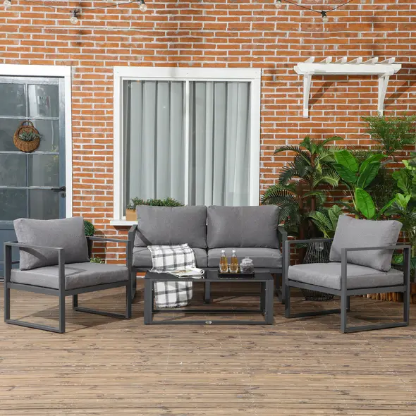 Outsunny 4 Pieces Garden Sofa Set 2 Single Armchair 1 Bench & Side Table Set Aluminium Frame Patio Furniture with Cushions Grey - 2