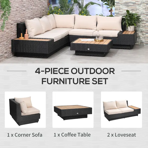 Outsunny 4 PCs Rattan Garden Furniture Outdoor Sectional Corner Sofa and Coffee Table Set  Conservatory Wicker Weave Furniture with Armrest and Cushions - Black - 5