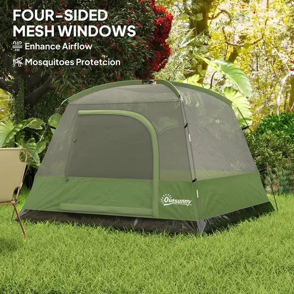 Outsunny 3-4 Person Camping Tent, Easy Set Up Waterproof Dome Tent with Sewn-in Groundsheet, Mesh Windows, Pocket and Hook for Camping, Hiking, Backpacking, Olive Green and Grey - 6
