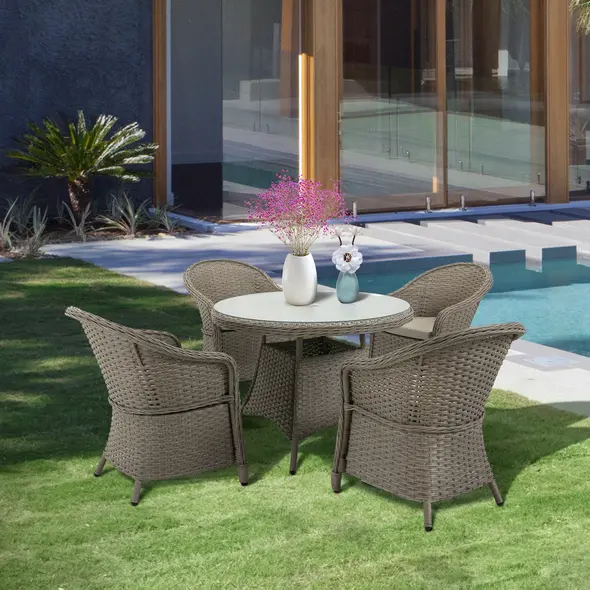 Outsunny 4 Seater Rattan Garden Furniture Set with Cushions, Round PE Rattan Dining Set with Glass-Top Table, Umbrella Hole, Outdoor Garden Table and Chairs, Mixed Grey - 2