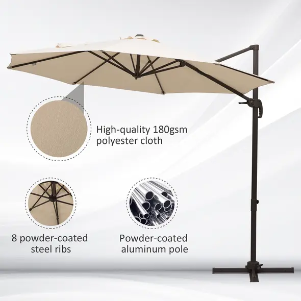 Outsunny 3M Banana Parasol Hanging Cantilever Umbrella W/ Cross Base Hand Crank Aluminium Frame 360°Rotation Hand Crank-Beige - 6
