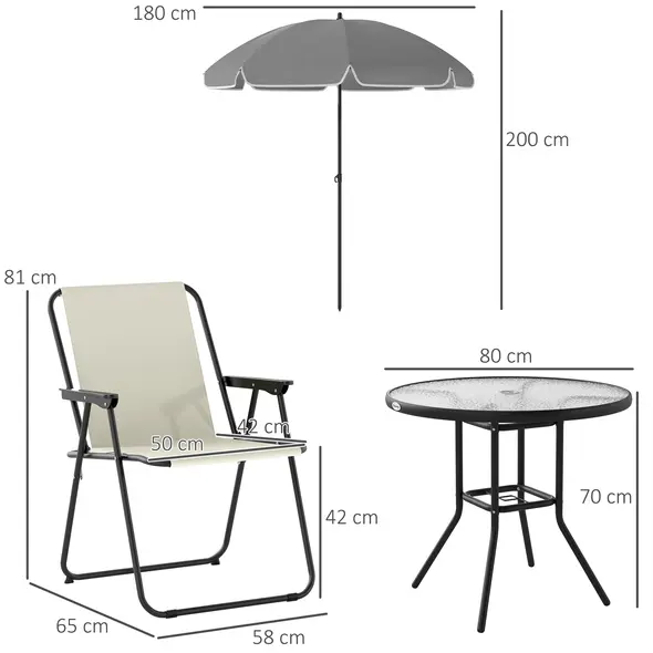 Outsunny 4 Seater Garden Furniture Set, 6 Pieces Garden Table and Chairs with Parasol, Outdoor Garden Dining Set with Folding Chairs and Round Glass Top Table for Patio, Cream White - 3
