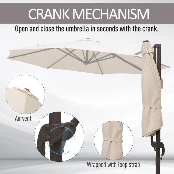Outsunny 3M Banana Parasol Hanging Cantilever Umbrella W/ Cross Base Hand Crank Aluminium Frame 360°Rotation Hand Crank-Beige - 7