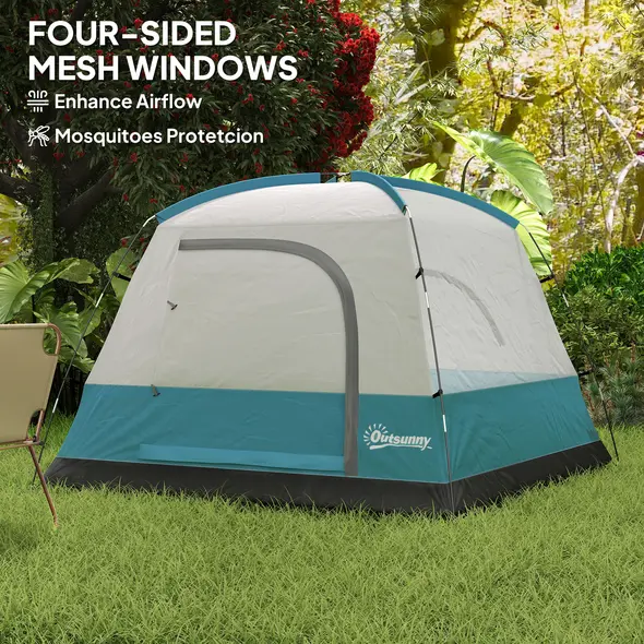 Outsunny 3-4 Person Camping Tent, Easy Set Up Waterproof Dome Tent with Sewn-in Groundsheet, Mesh Windows, Pocket and Hook for Camping, Hiking, Backpacking, Navy Blue and Light Blue - 6