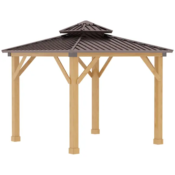 Outsunny 3x(3)M Outdoor Hardtop Gazebo Canopy with 2-Tier Roof and Solid Wood Frame, Outdoor Patio Shelter for Patio, Garden, Brown - 1