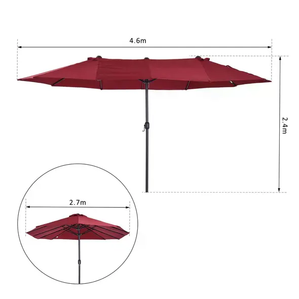 Outsunny 4.6m Double-Sided Patio Parasol Sun Umbrella-Wine Red - 3
