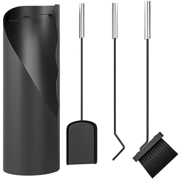 Outsunny 4 Pieces Fireplace Tools Set, Metal Fireplace Accessories Fireside Companion Set with Broom, Shovel, Poker and Bucket, Black - 1