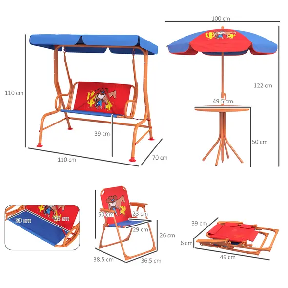 Outsunny 4 Piece Kids Garden Furniture Set with Adjustable Canopy, Cowboy Themed, Kids Garden Table and Chair Set and Double Seat Swing Chair for Patio Park Porch, for Ages 3-6 Years - Red and Blue - 3