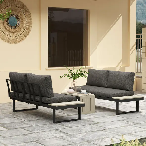 Outsunny 4 Seater L Shaped Aluminium Sectional Garden Furniture Set with 2 Loveseats and Wood-Plastic Coffee Table - Dark Grey - 2