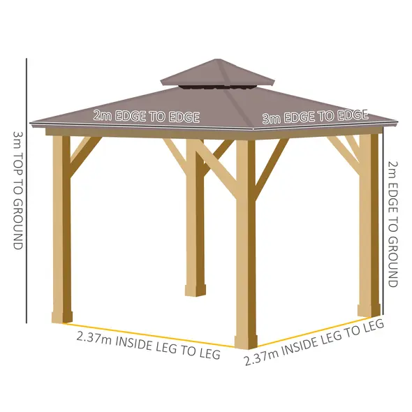 Outsunny 3x(3)M Outdoor Hardtop Gazebo Canopy with 2-Tier Roof and Solid Wood Frame, Outdoor Patio Shelter for Patio, Garden, Brown - 3