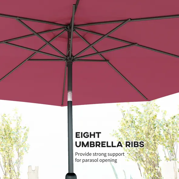 Outsunny 3(m) Tilting Parasol Garden Umbrellas, Outdoor Sun Shade with 8 Ribs, Tilt and Crank Handle for Balcony, Bench, Garden, Wine Red - 7