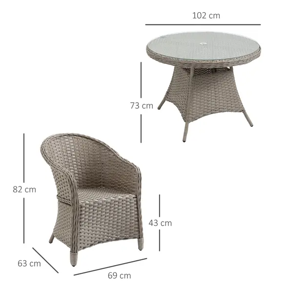 Outsunny 4 Seater Rattan Garden Furniture Set with Cushions, Round PE Rattan Dining Set with Glass-Top Table, Umbrella Hole, Outdoor Garden Table and Chairs, Mixed Grey - 3