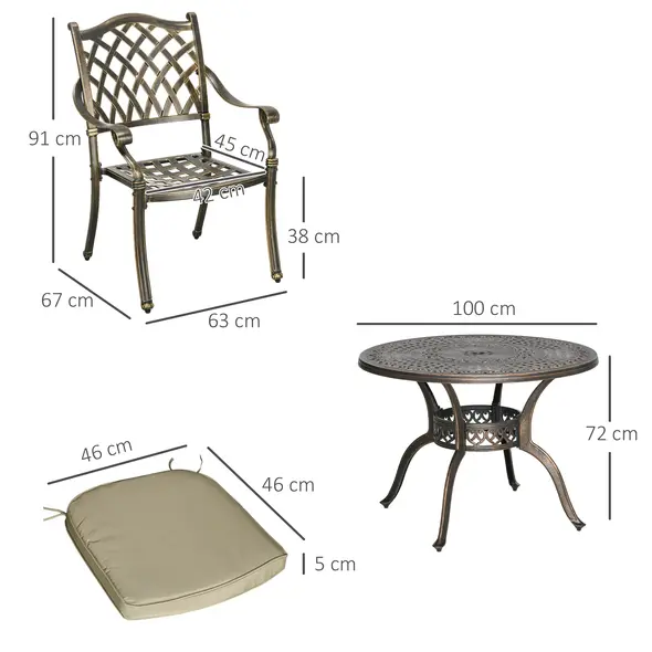 Outsunny 4 Seater Outdoor Dining Set Antique Cast Aluminium Garden Furniture Set with Cushions Round Dining Table with Parasol Hole, Bronze - 3