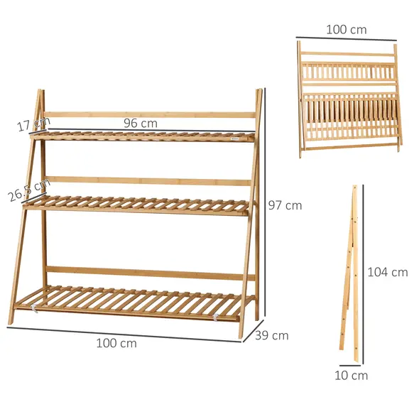 Outsunny 3-Tier Plant Stand, Plant Shelf Rack, Folding Bamboo Display Stand, 98x37x96.5cm, Natural - 3