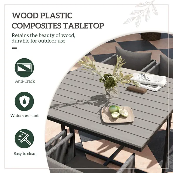 Outsunny 4 Seater Rattan Cube Garden Furniture Set, Rattan Dining Set with Cushions, Outdoor Dining Table and Chairs with Rectangular Wood Grain Plastic Top Table for Patio, Balcony, Grey - 6