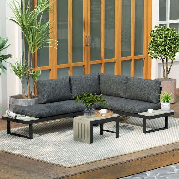 Outsunny 4 Seater L Shaped Aluminium Sectional Garden Furniture Set with 2 Loveseats and Wood-Plastic Coffee Table - Dark Grey - 9