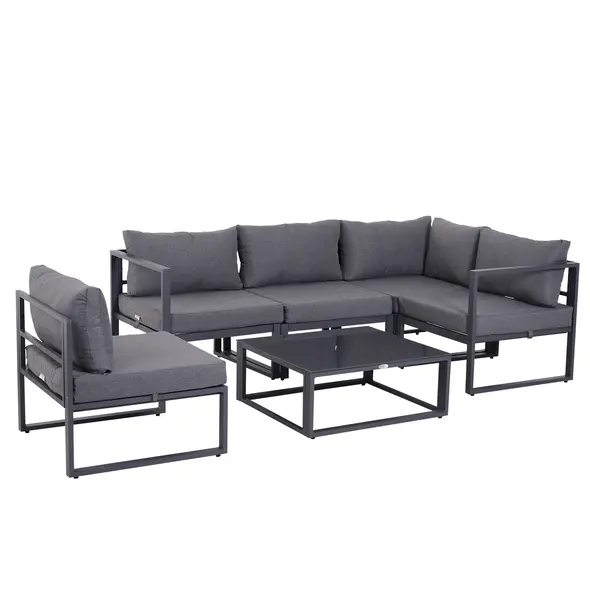Outsunny 6 PCs Outdoor Indoor Sectional Corner Sofa Set Thick Padded Cushions Aluminium Frame 5 Seaters 1 Coffee Table Grey - 1