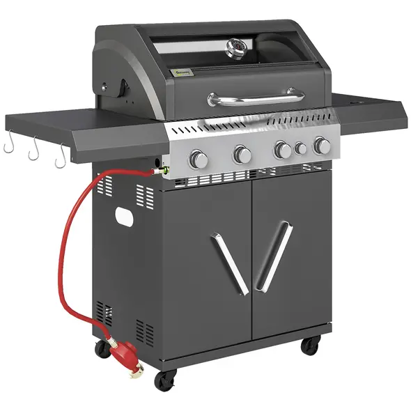 Outsunny 4+1 Burner Gas BBQ Grill with Clear View Lid, Portable Gas Barbecue Grill with Built-in Thermometer, Side Table, Cabinet, Wheels, Grease Tray for Garden Party Outdoor Cooking, Black - 1