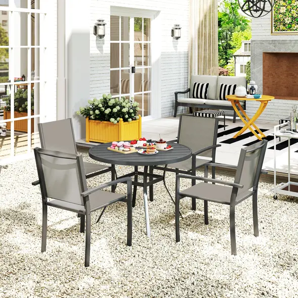 Outsunny 5 Piece Garden Furniture Set, Garden Dining Set with Round Table and 4 Stackable Chairs, Steel Frame, for Outdoor, Patio, Terraces, Dark Grey - 9