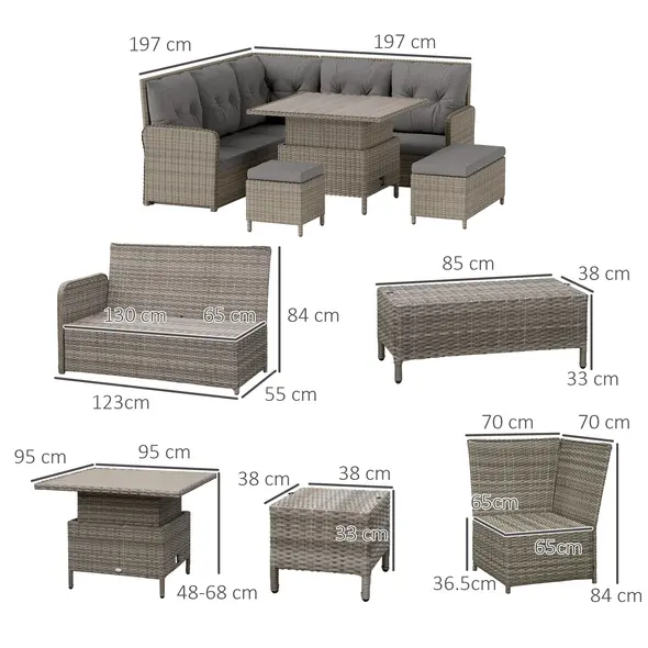 Outsunny 6 Pieces Outdoor PE Rattan Garden Furniture, Patio Wicker Sectional Conversation Corner Sofa w/ Soft Padded Cushion & Liftable Coffee Table, Light Grey - 3