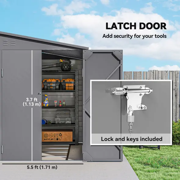 Outsunny 5 x 9ft Galvanised Metal Garden Shed with Foundation Kit, Outdoor Lean-to Shed, Tool Storage House with Lockable Doors, Gloves and 2 Air Vents for Patio, Garden, Grey - 7