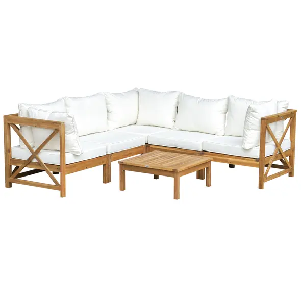 Outsunny 6 PCS Elegant Wood Frame Outdoor Patio Dining Set w/ Cushions Coffee Table Garden Furniture Sofa Comfort Balcony Patio Cream White - 1