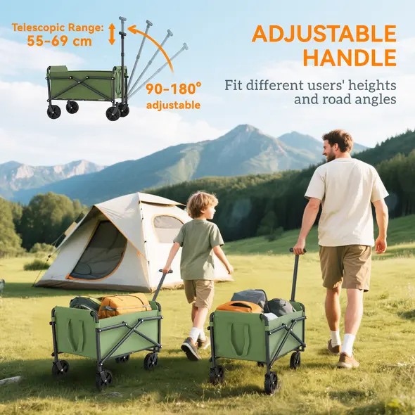 Outsunny 41L Festival Trolley on Wheels, Compact Garden Folding Trolley Cart, 60kg Heavy Duty Collapsible Foldable Wagon with Adjustable Handle and Carrying Bag for Beach, Camping, Festival, Green - 8