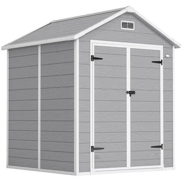 Outsunny 6 x 5ft Garden Shed, Plastic Shed with Floor, Window, Lockable Doors and Vents, Wood Effect Resin Tool Shed for Outdoor Patio, Dark Grey - 1