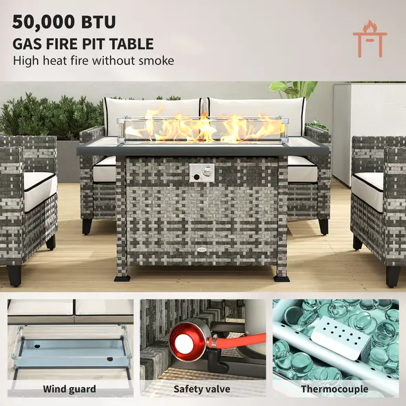 Outsunny 5-Piece Rattan Patio Furniture Set with Gas Fire Pit Table, Loveseat Sofa, Armchairs, Cushions, Pillows, Grey - 4