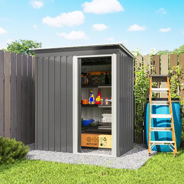 Outsunny 5 x 3ft Garden Storage Shed with Sliding Door and Sloped Roof Outdoor Equipment Tool, Light Grey - 9