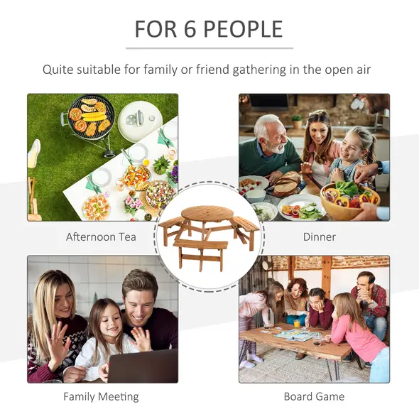 Outsunny 6 Seater Wooden Picnic Table and Garden Benches Set, Round Garden Dining Set with 3 Benches and Umbrella Hole Outdoor Garden Park, Brownish Red - 7