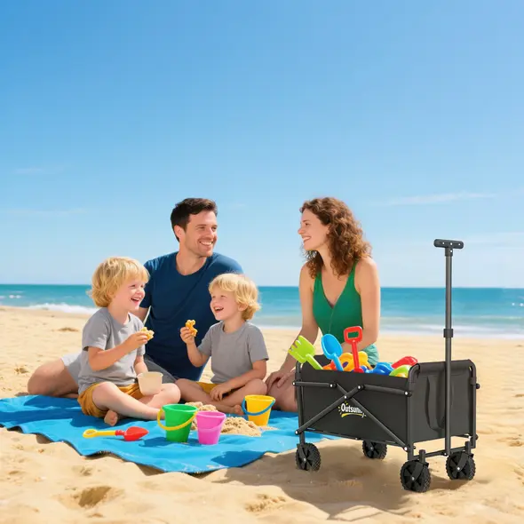 Outsunny 41L Festival Trolley on Wheels, Compact Garden Folding Trolley Cart, 60kg Heavy Duty Collapsible Foldable Wagon with Adjustable Handle and Carrying Bag for Beach, Camping, Festival, Black - 9