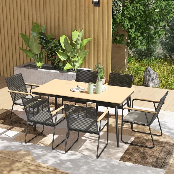 Outsunny 6 Seater Garden Dining Set with Soft Cushions, Rattan Backrest, Rectangular Plastic Top, Garden Furniture Set, Outdoor Dining Table and Chairs for Patio, Balcony, Poolside, Nature Wood Finish - 2