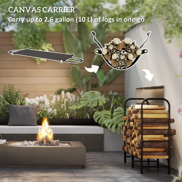 Outsunny 4FT Firewood Rack with Canvas Carrier Bag and 600D Oxford Waterproof Cover, Metal Log Store Indoors, Log Storage Rack Holder for Outdoor Indoor Fireplace, Black - 6